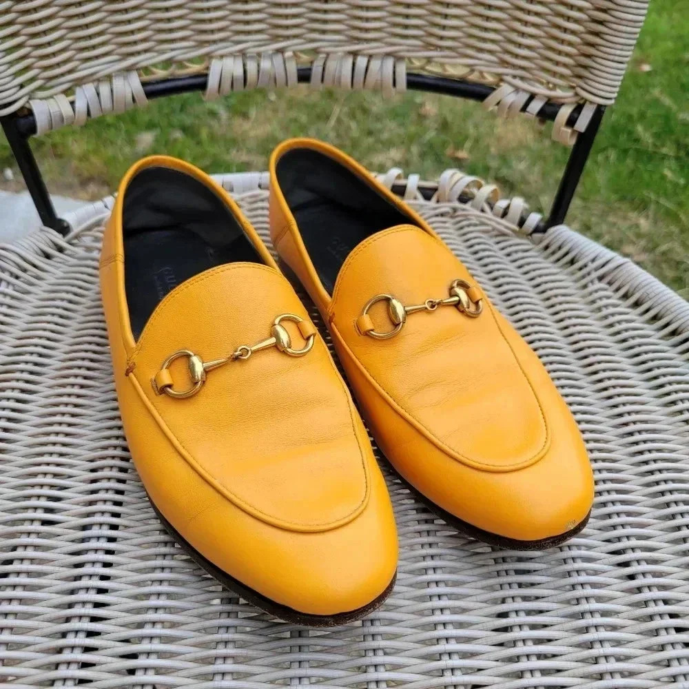 Gucci Brixton Yellow Orange Leather Horsebit Loafer Shoes 36.5 6.5